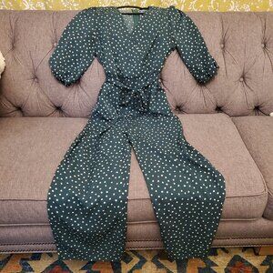 Shein Jumpsuit Women's Green w Polka Dots, V-Neck, belted waist, Pockets Sz XL